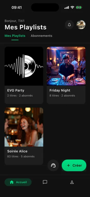 Écran d'accueil Partyfy pour créer une nouvelle soirée