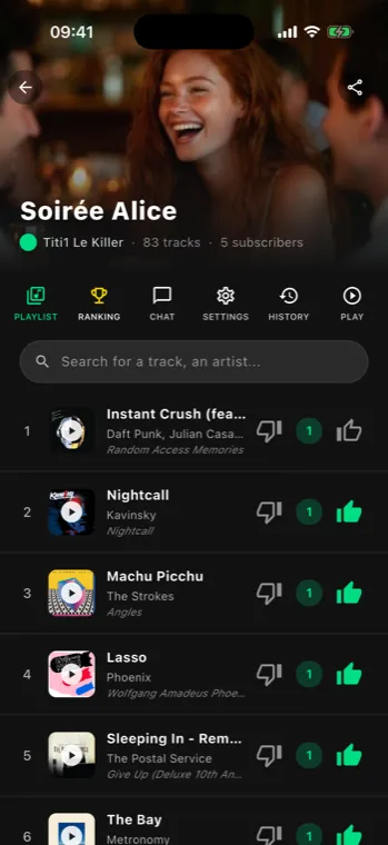 Partyfy party screen: the collaborative playlist with guest votes updating in real time