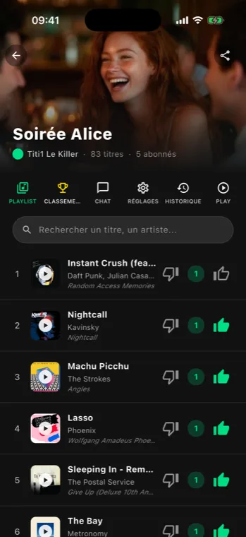 Écran de soirée Partyfy : la playlist collaborative avec les votes des invités en temps réel